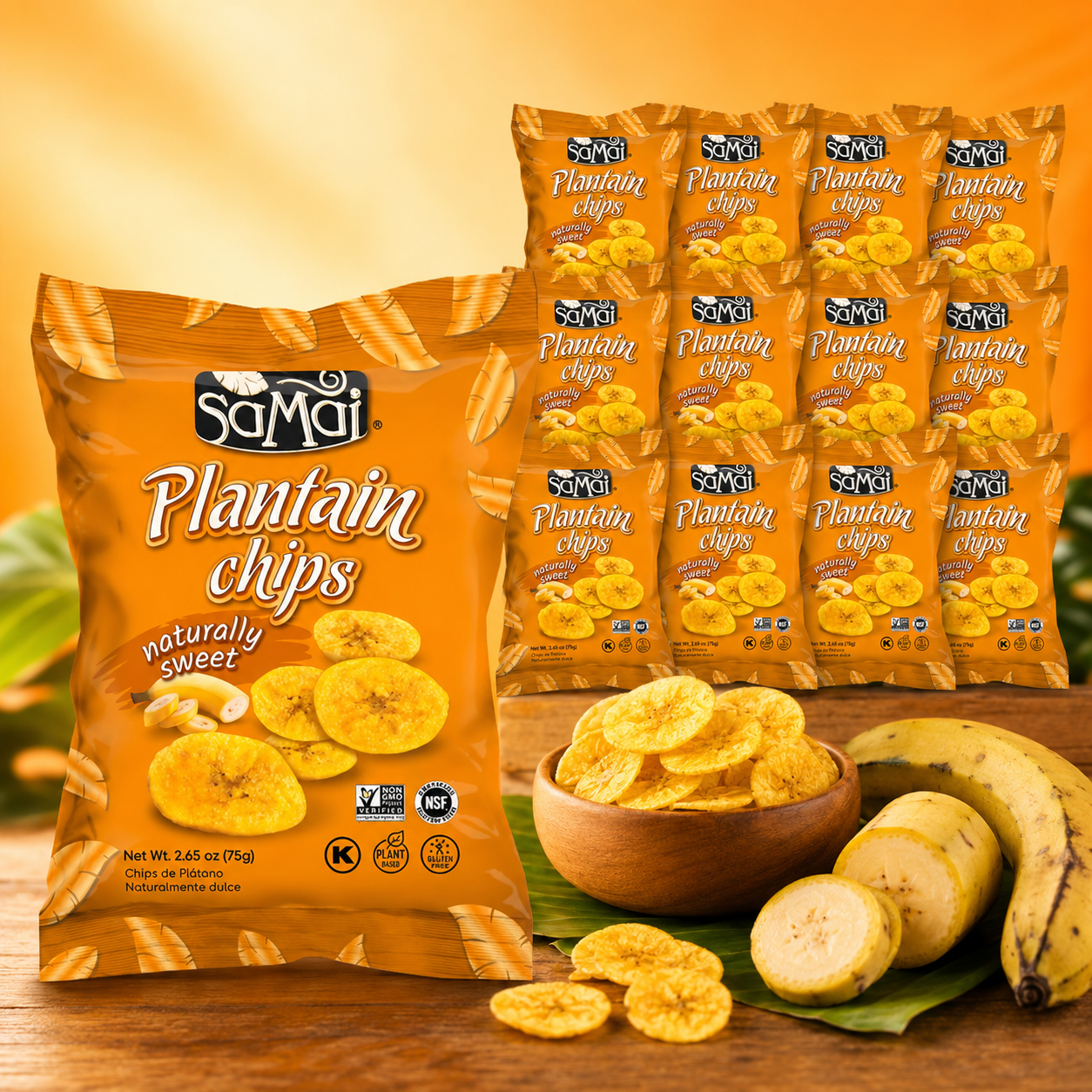 SAMAI Naturally Sweet Plantain Chips Gluten Free, All Natural, NON-GMO and Kosher 2.65oz (Pack of 15)