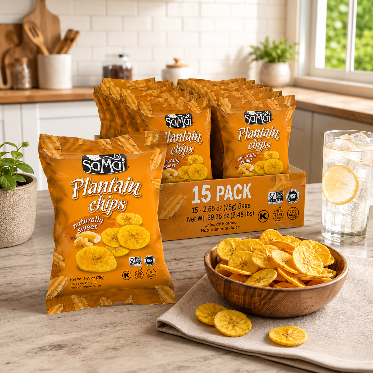 SAMAI Naturally Sweet Plantain Chips Gluten Free, All Natural, NON-GMO and Kosher 2.65oz (Pack of 15)