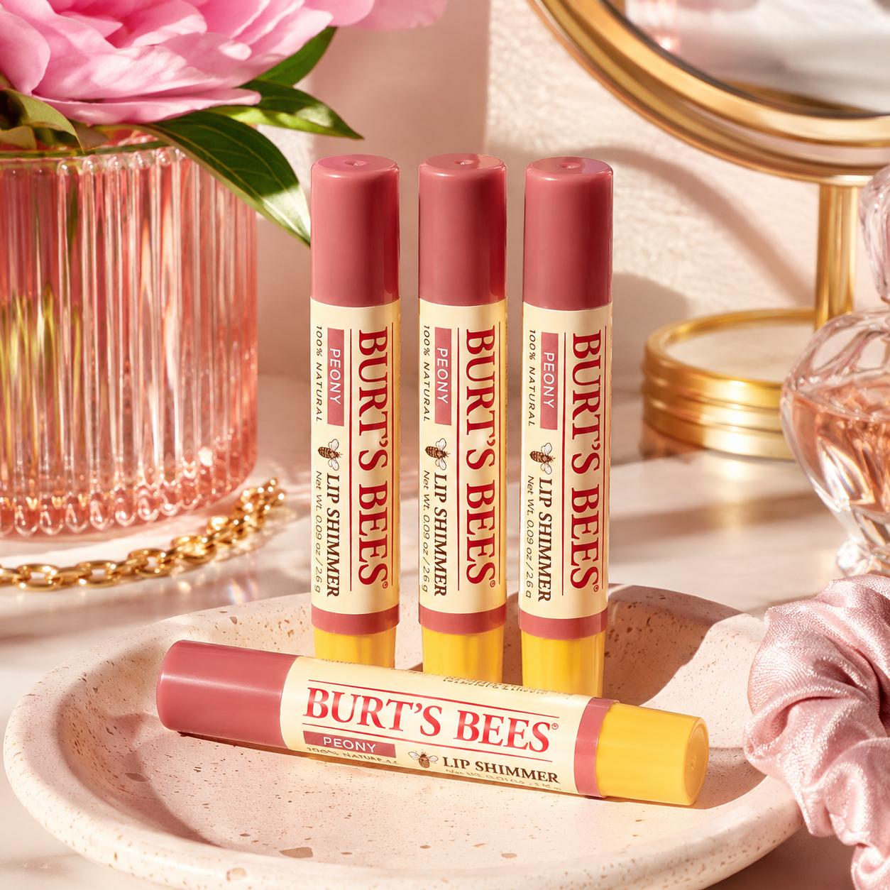 Burt's Bees Lip Shimmer Peony 0.09 Ounces Value (Pack of 4)