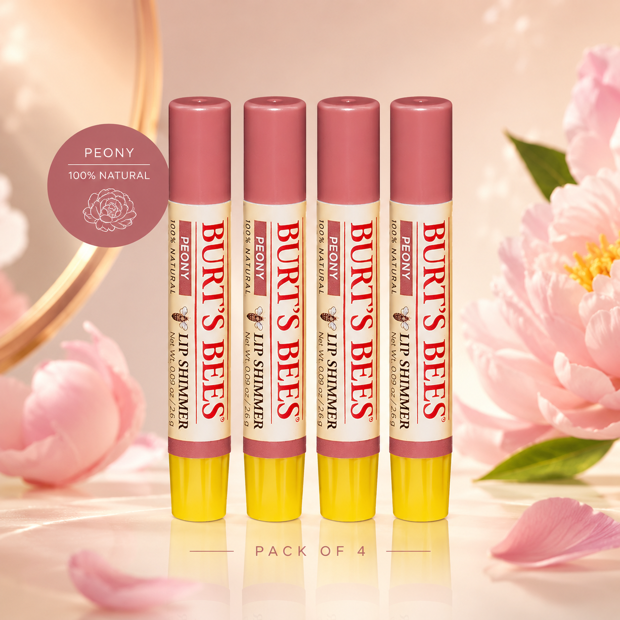 Burt's Bees Lip Shimmer Peony 0.09 Ounces Value (Pack of 4)