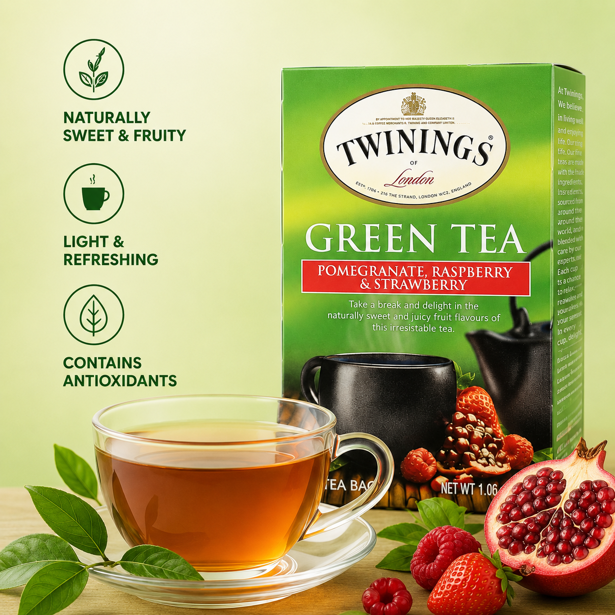 Twinings Green Tea Pomegranate Raspberry & Strawberry 20 Bags Case of 6