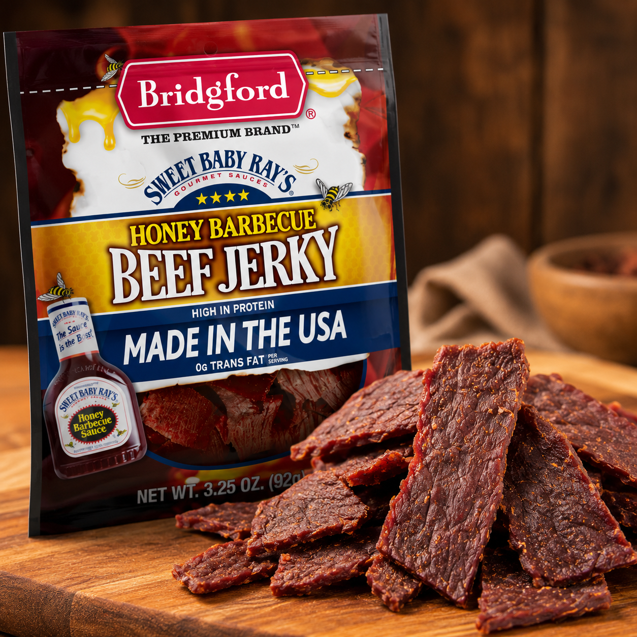 Bridgford Sweet Baby Ray's Honey BBQ Beef Jerky High Protein Naturally Smoked Ready-to-Eat Meat Snacks 3.25 oz