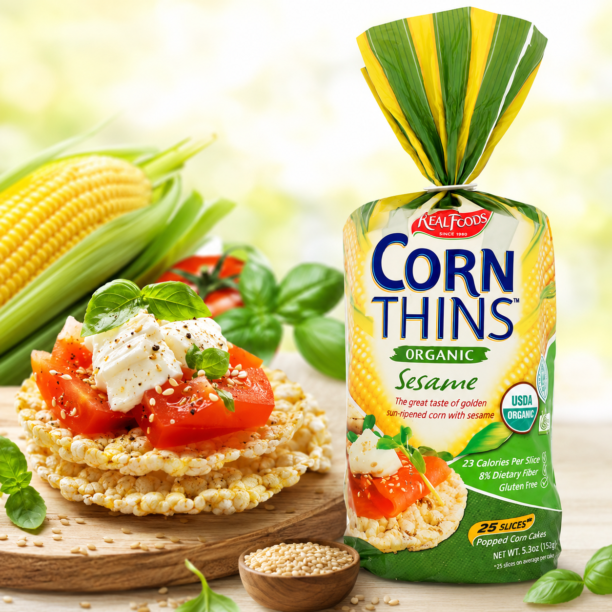 REAL FOODS CORN THIN SESAME ORG, 5.3 OZ (6 pack)