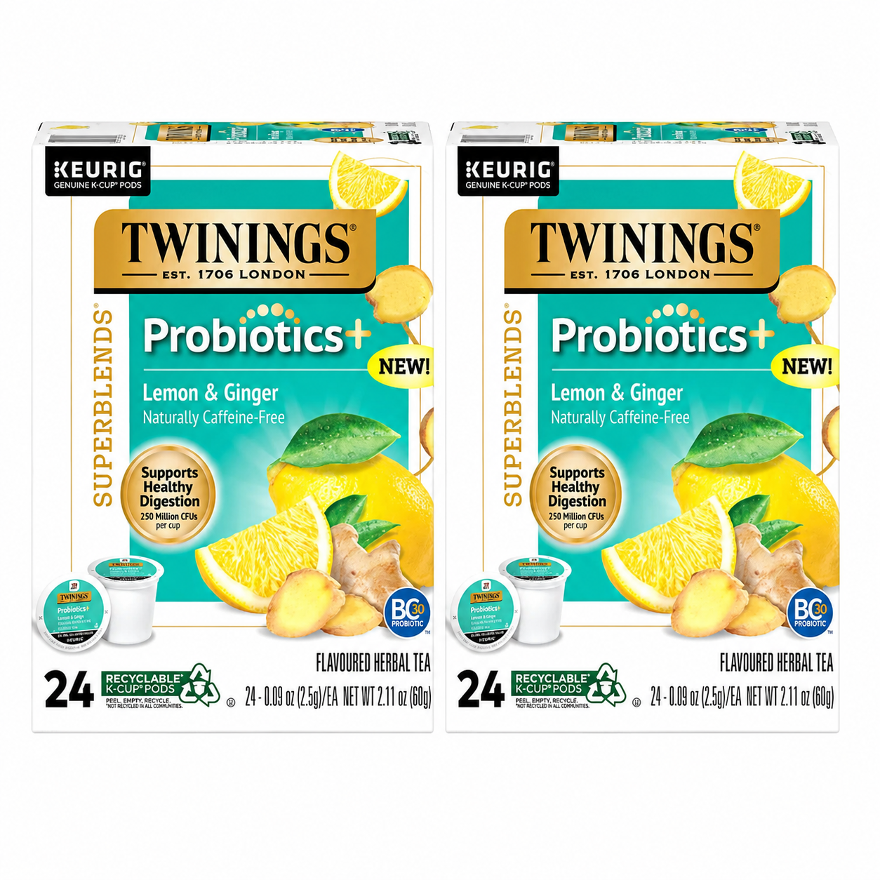 Twinings Herbal Tea Lemon & Ginger Probiotics K-Cup Pods for Keurig Naturally Caffeine Free 24 ct