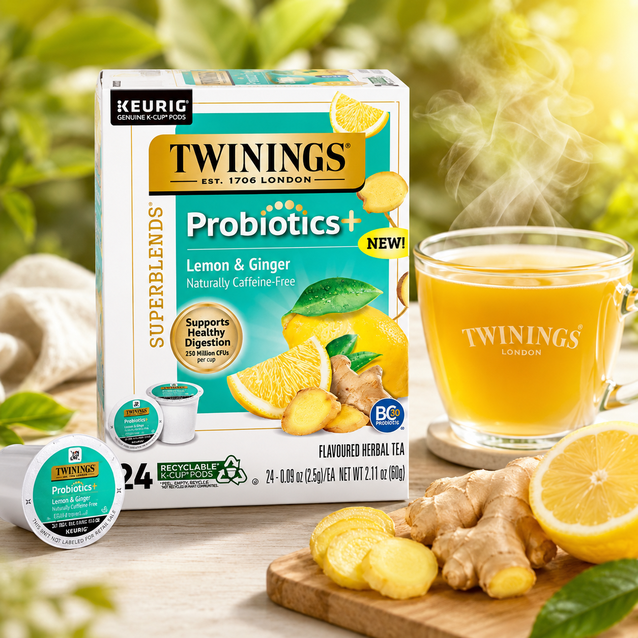 Twinings Herbal Tea Lemon & Ginger Probiotics K-Cup Pods for Keurig Naturally Caffeine Free 24 ct