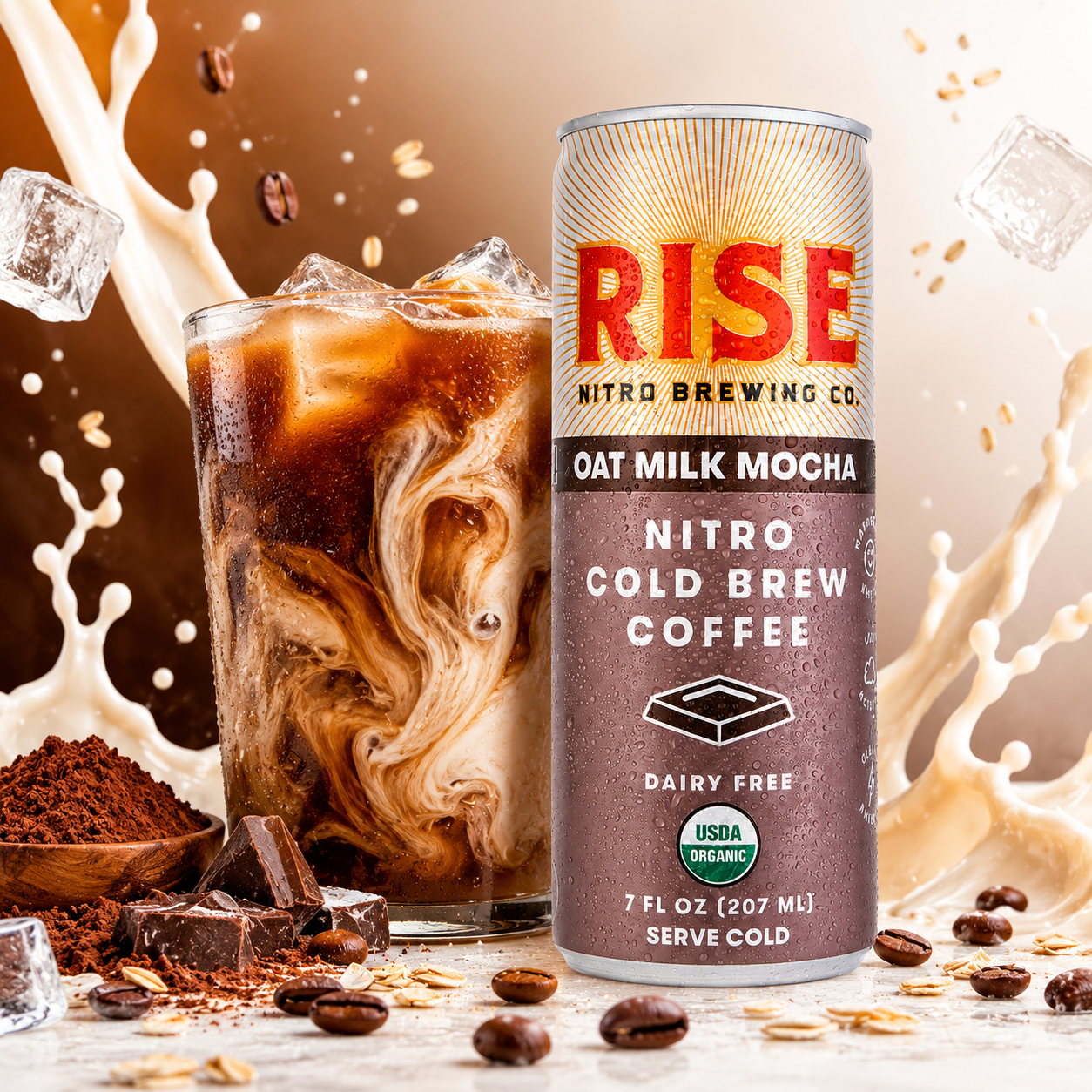 RISE Brewing Co. Oat Milk Mocha Nitro Cold Brew Latte Organic Non-GMO Vegan Dairy Free 7 fl. oz. Cans