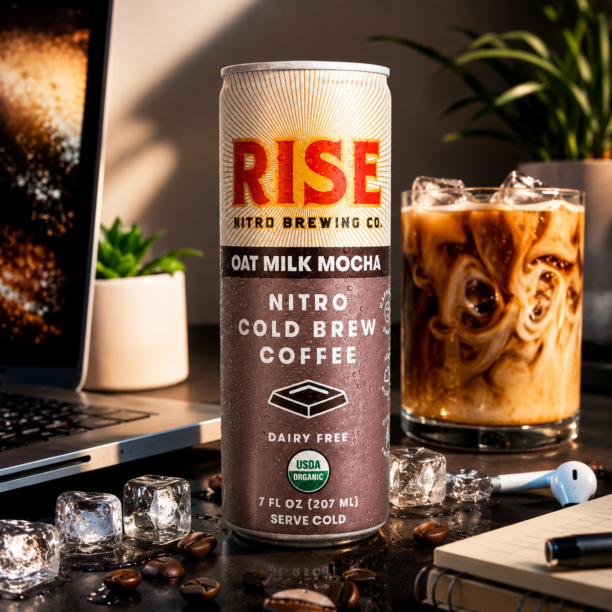 RISE Brewing Co. Oat Milk Mocha Nitro Cold Brew Latte Organic Non-GMO Vegan Dairy Free 7 fl. oz. Cans