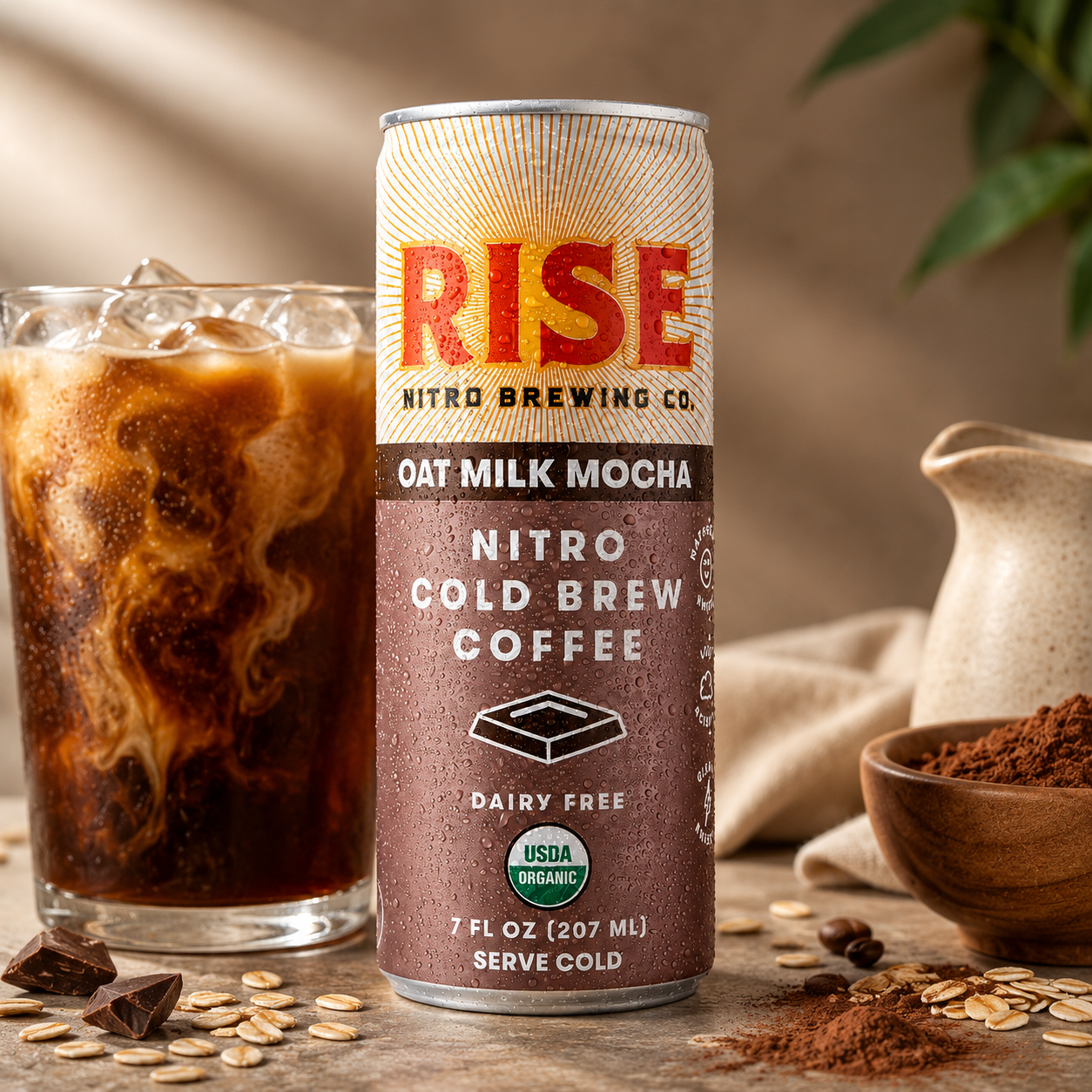 RISE Brewing Co. Oat Milk Mocha Nitro Cold Brew Latte Organic Non-GMO Vegan Dairy Free 7 fl. oz. Cans