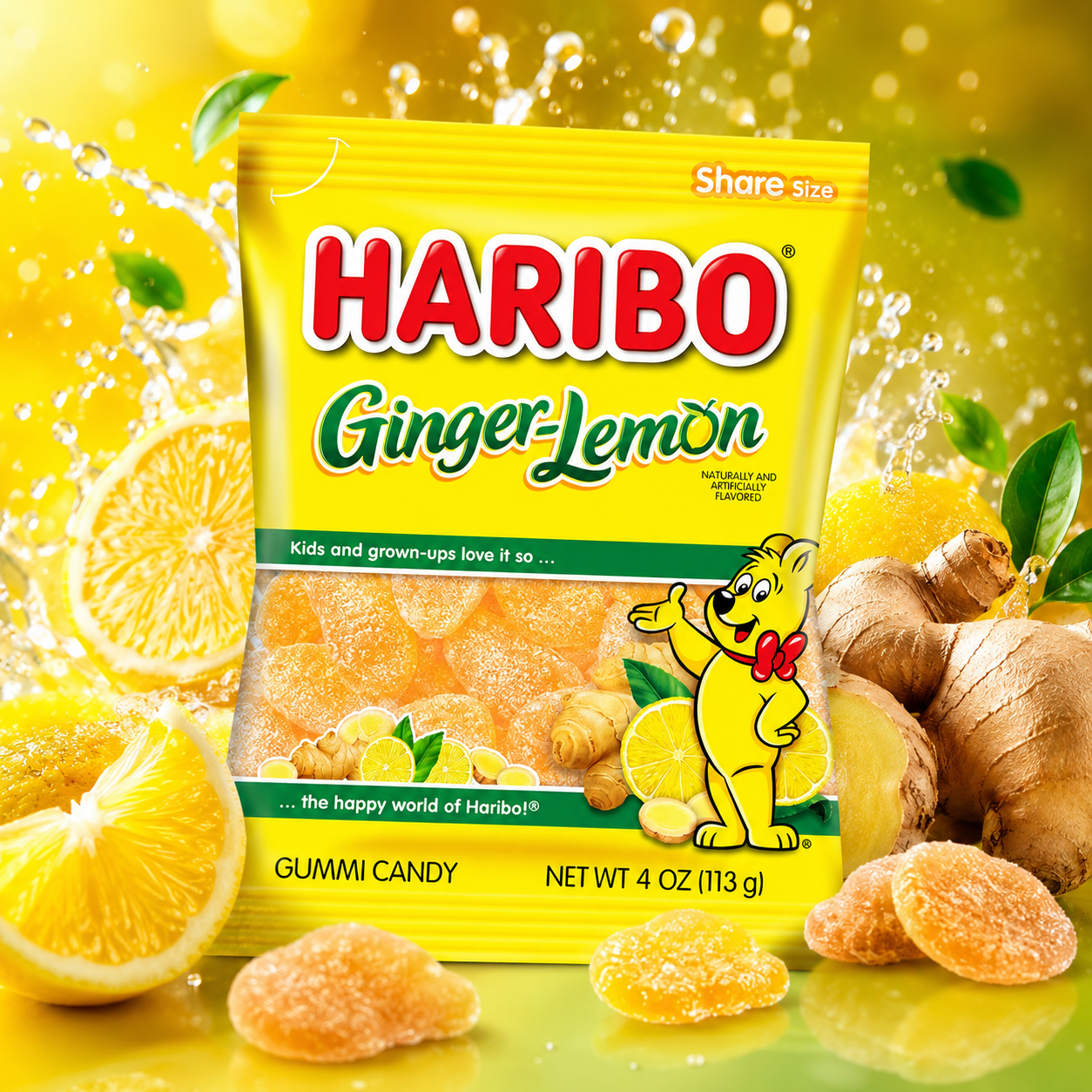HARIBO Ginger-Lemon Gummi Candy Share Size Bags Soft & Chewy Sweet Snacks Zesty Lemon & Warm Ginger Flavor 5 oz