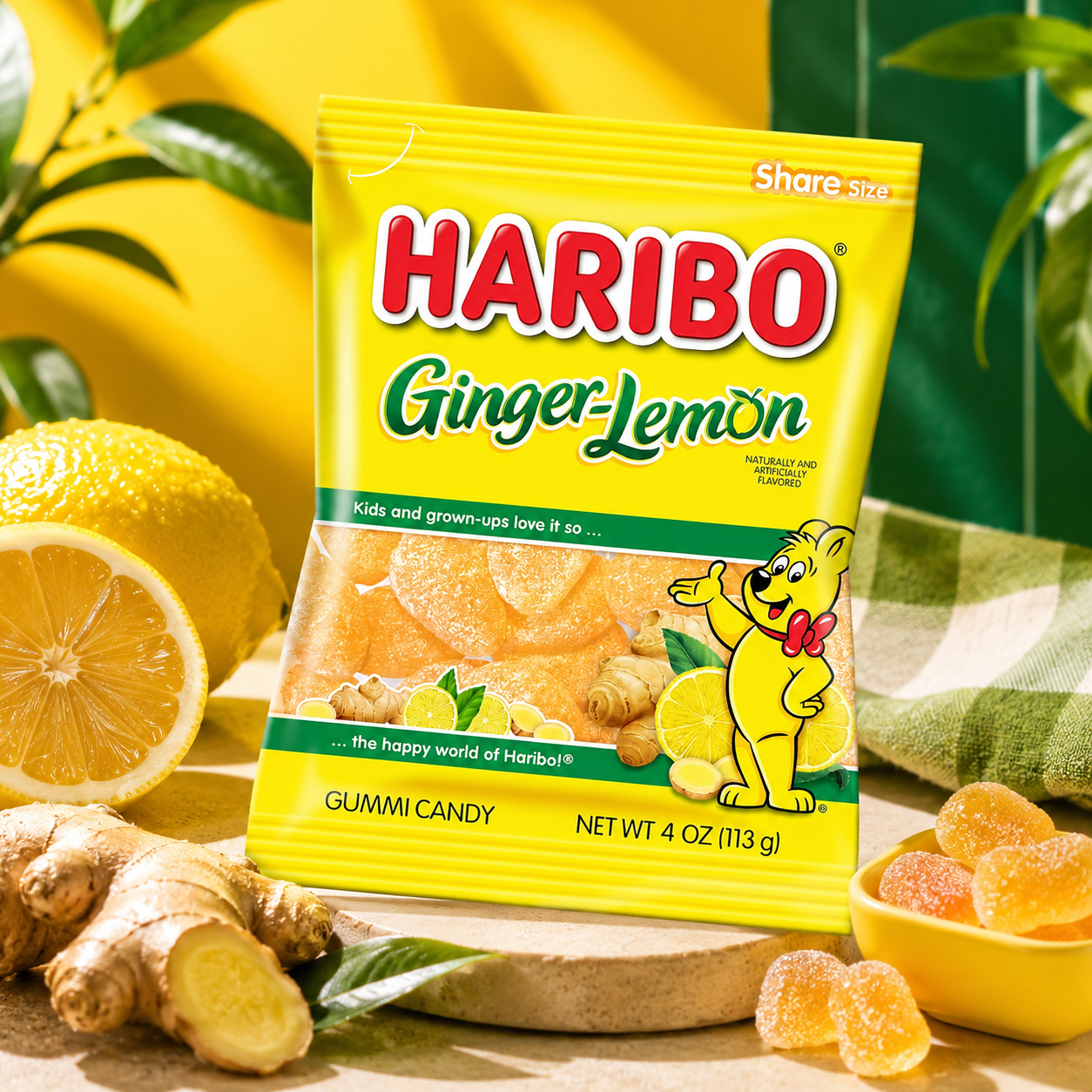 HARIBO Ginger-Lemon Gummi Candy Share Size Bags Soft & Chewy Sweet Snacks Zesty Lemon & Warm Ginger Flavor 5 oz