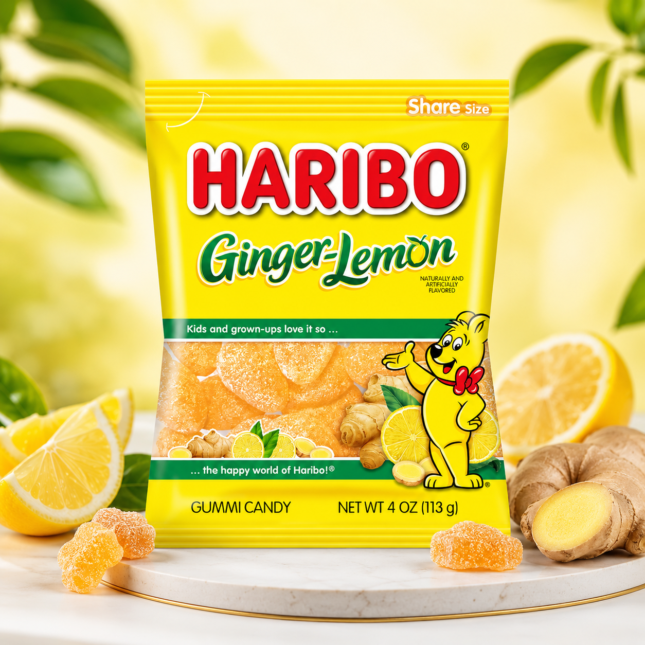 HARIBO Ginger-Lemon Gummi Candy Share Size Bags Soft & Chewy Sweet Snacks Zesty Lemon & Warm Ginger Flavor 5 oz