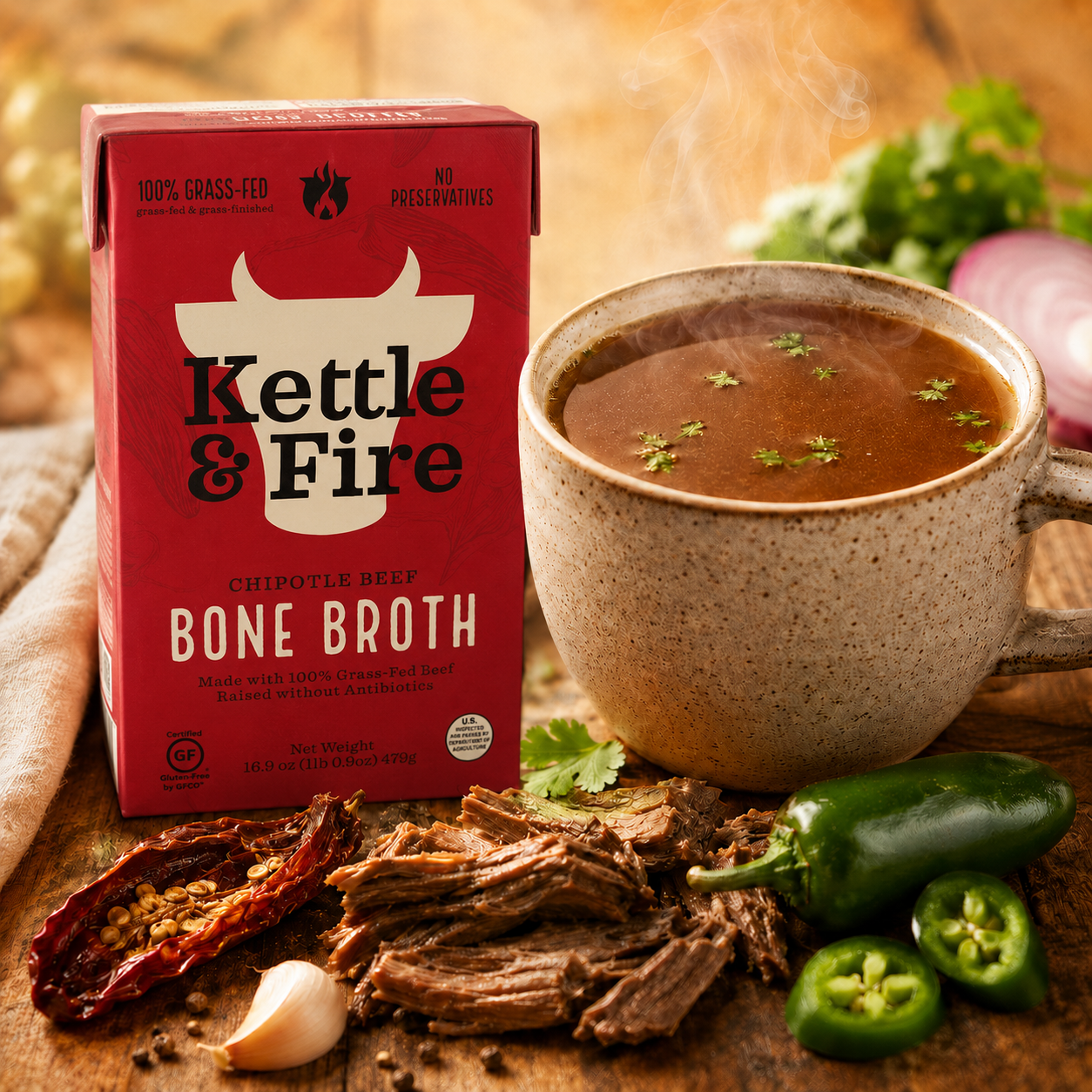 Kettle and Fire Chipotle Beef Bone Broth Keto Paleo Whole 30 Approved Gluten Free High in Protein and Collagen (Pack of 3)
