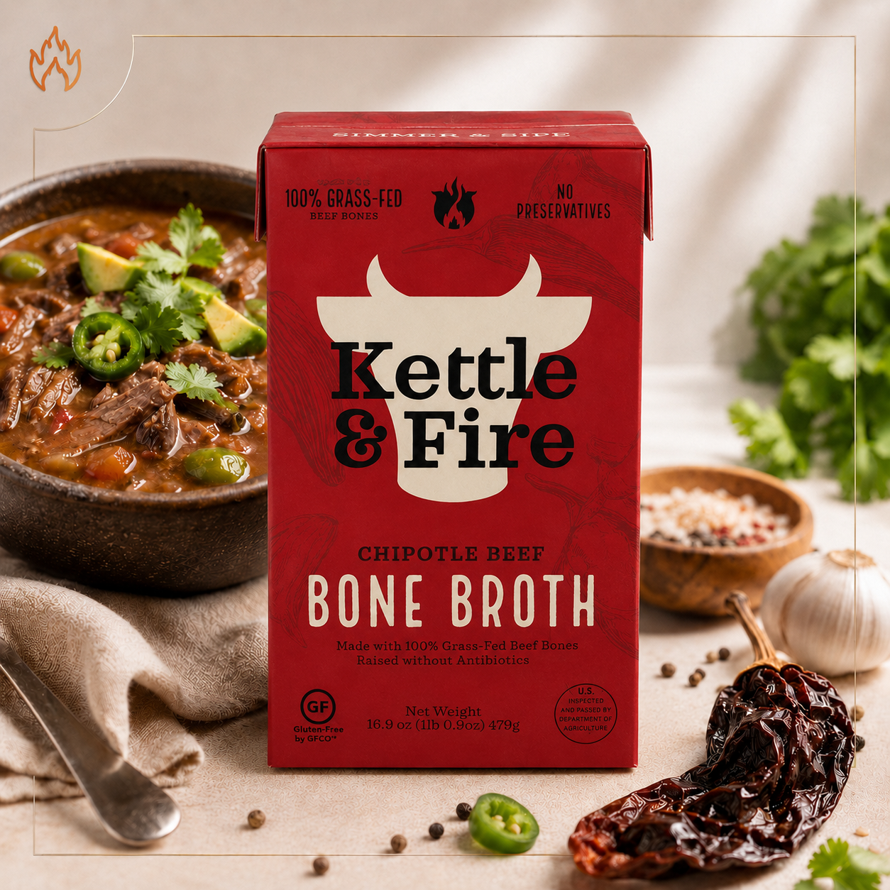 Kettle and Fire Chipotle Beef Bone Broth Keto Paleo Whole 30 Approved Gluten Free High in Protein and Collagen (Pack of 3)