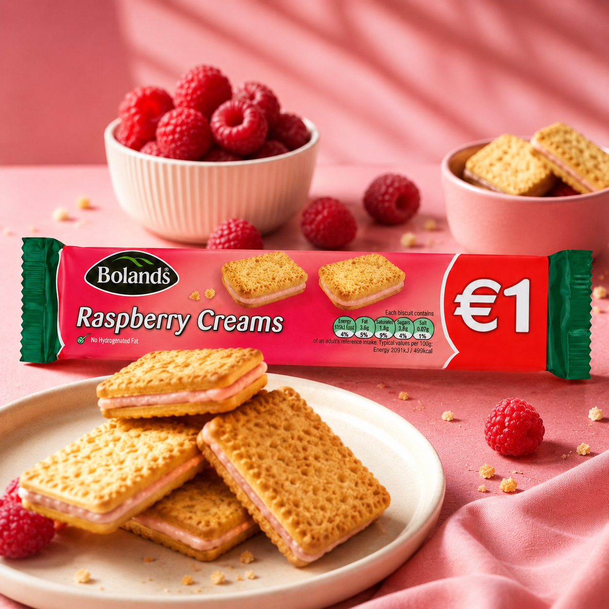 Bolands Raspberry Creams Irish Cookies (Pack of 3) 125g Each