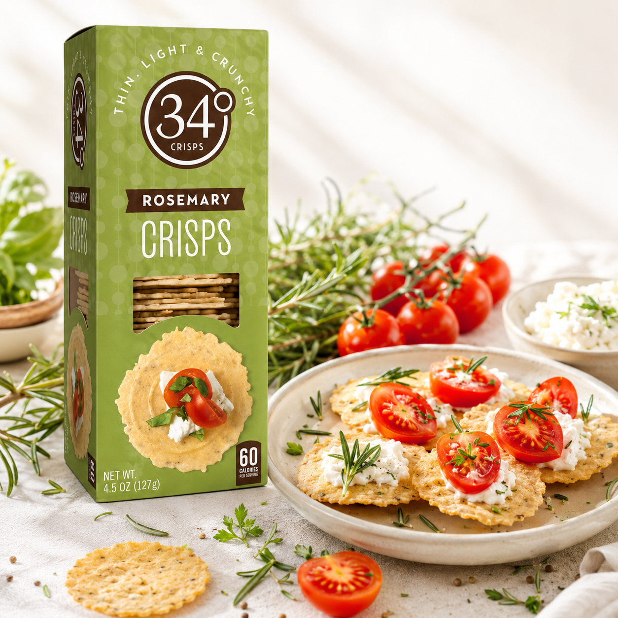 34 Degrees Crisps Rosemary Crisps Thin, Light & Crunchy Rosemary Crisps, 4.5 oz