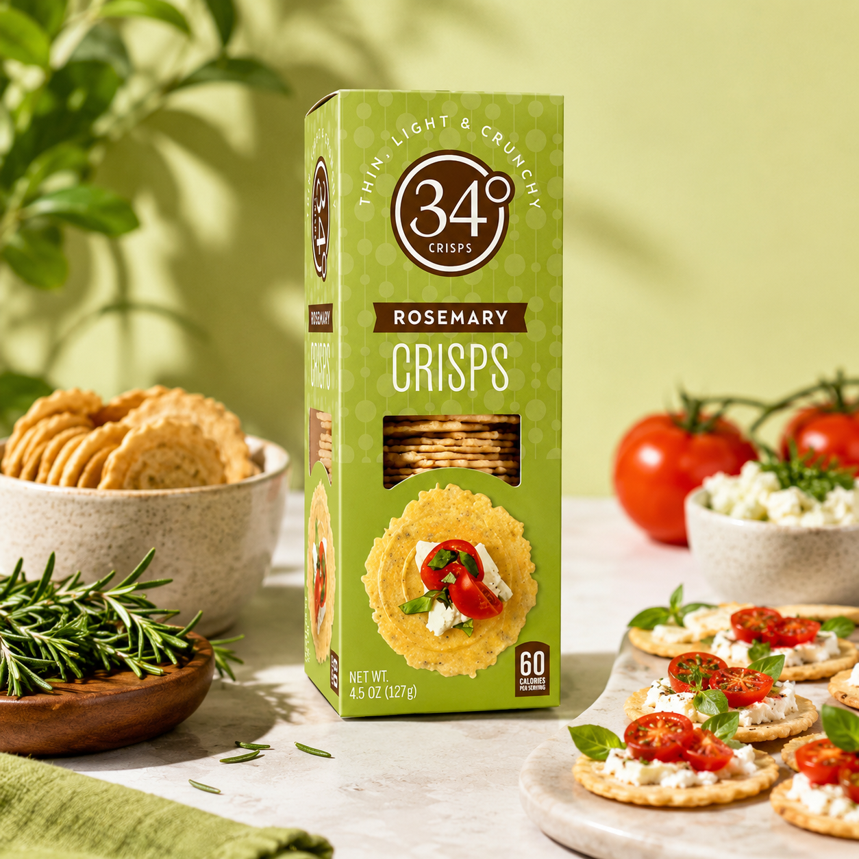 34 Degrees Crisps Rosemary Crisps Thin, Light & Crunchy Rosemary Crisps, 4.5 oz