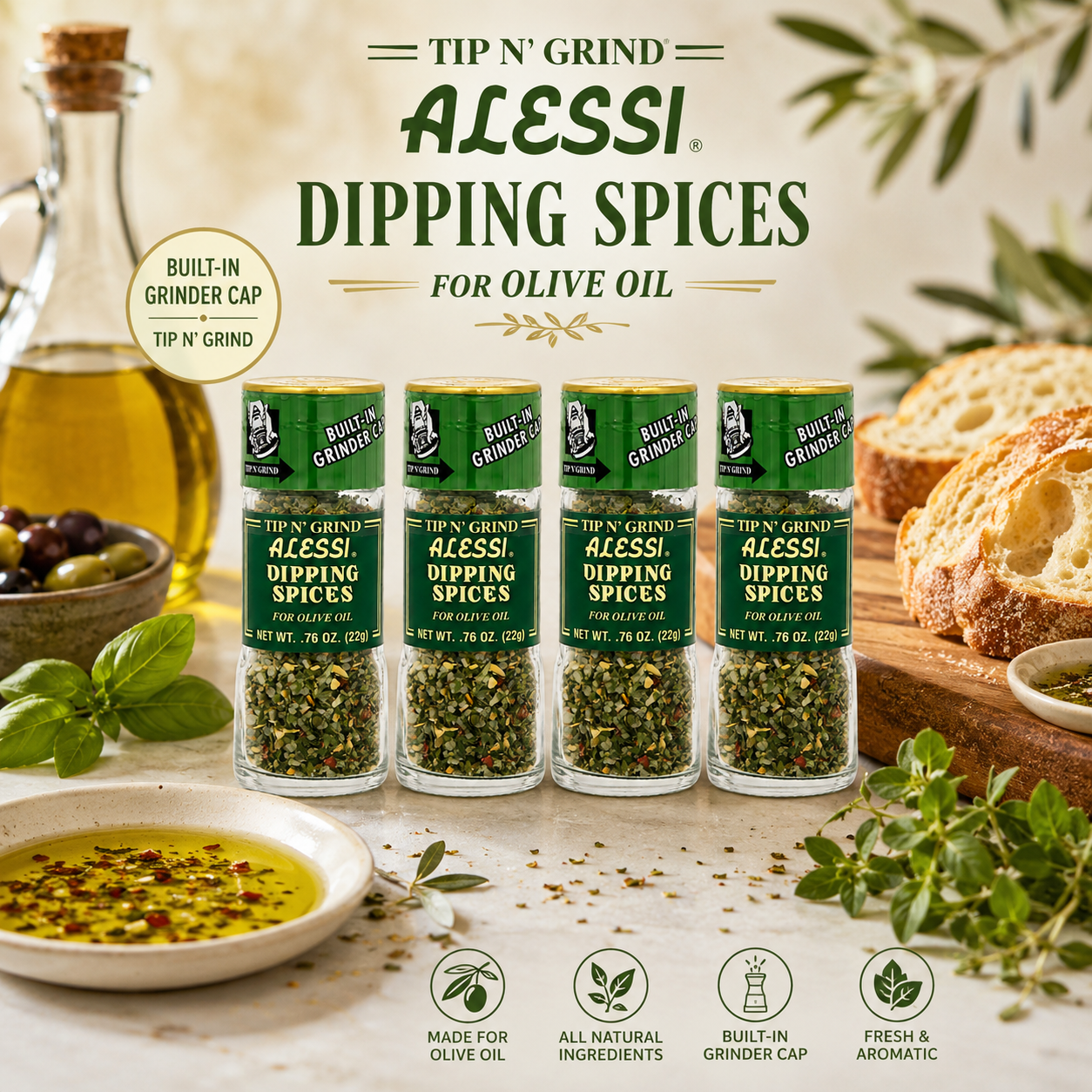 Alessi Herb & Seasoning Grinder, Dipping Spices for Olive Oil, Tip n' Grind Garlic, 0.76 Ounce (Pack of 4)