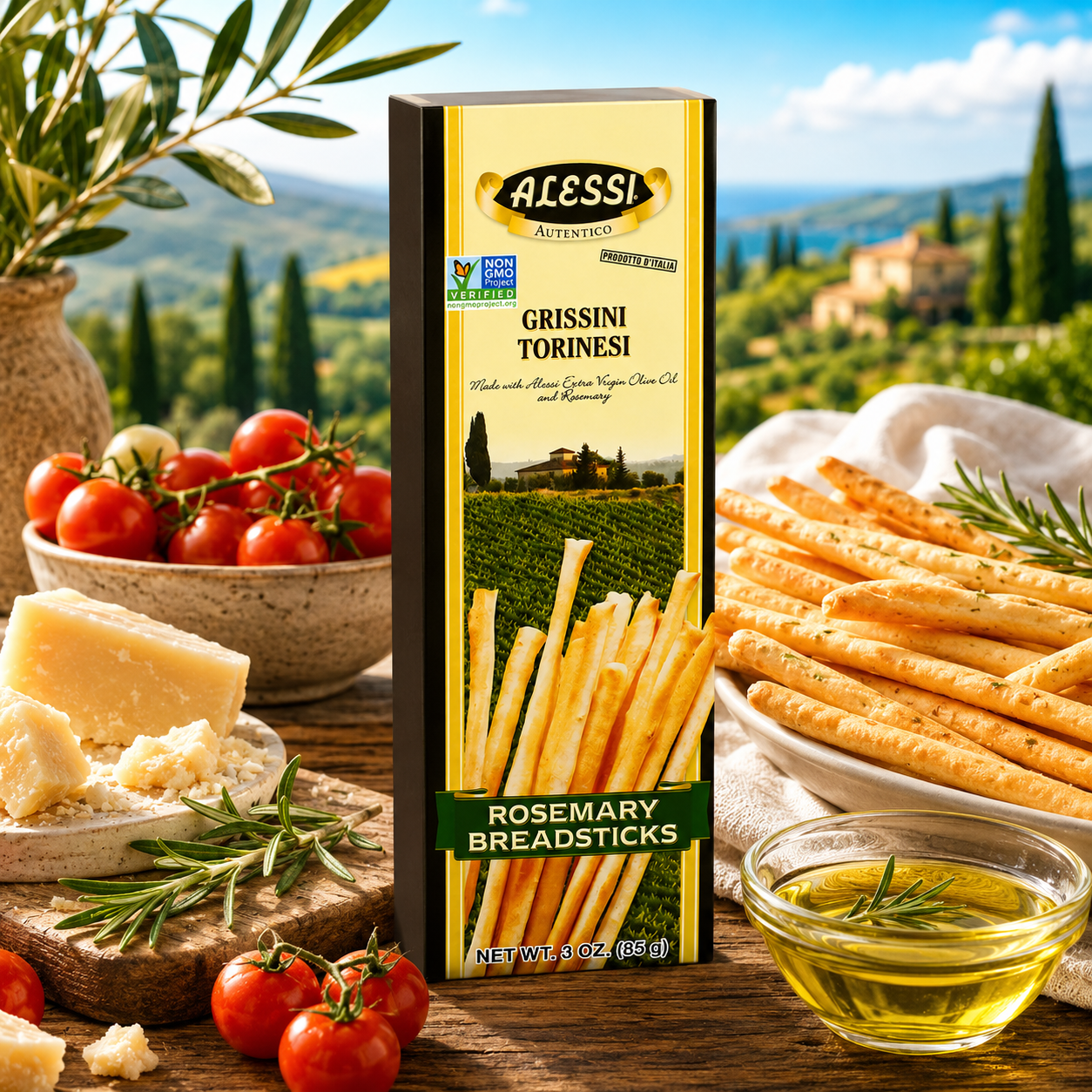 Alessi Imported Breadsticks Rosemary Autentico Italian Crispy Bread Sticks Low Fat Made with Extra Virgin Olive Oil 3 oz