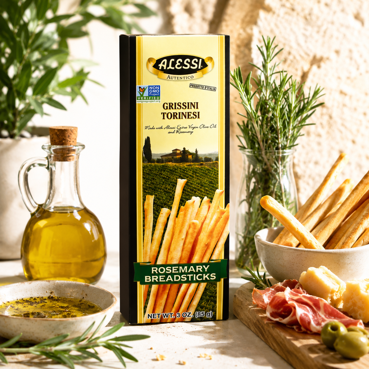 Alessi Imported Breadsticks Rosemary Autentico Italian Crispy Bread Sticks Low Fat Made with Extra Virgin Olive Oil 3 oz