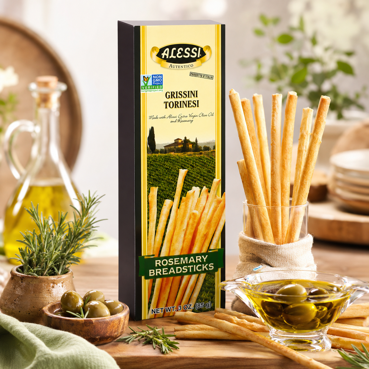 Alessi Imported Breadsticks Rosemary Autentico Italian Crispy Bread Sticks Low Fat Made with Extra Virgin Olive Oil 3 oz