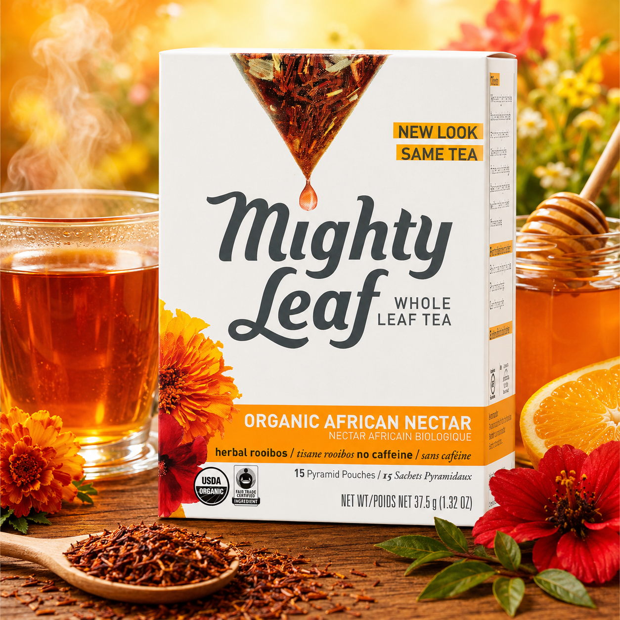 Mighty Leaf Organic African Nectar Tea Rooibos Herbal Blend Fruity Notes 1.32 oz 15 Pyramid Pouches