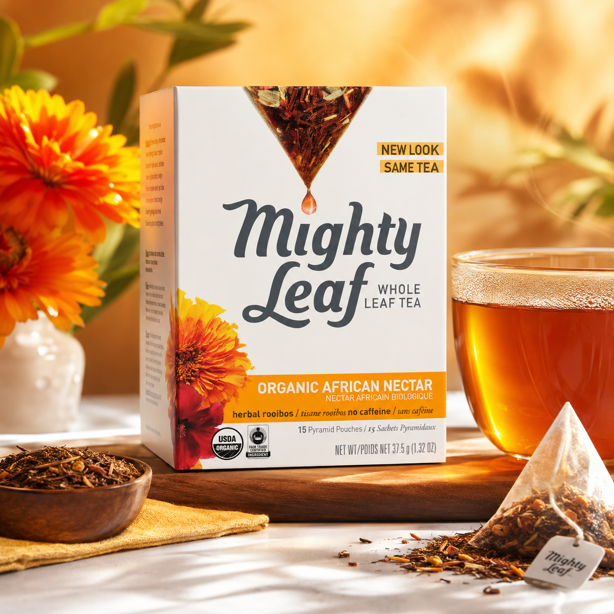 Mighty Leaf Organic African Nectar Tea Rooibos Herbal Blend Fruity Notes 1.32 oz 15 Pyramid Pouches
