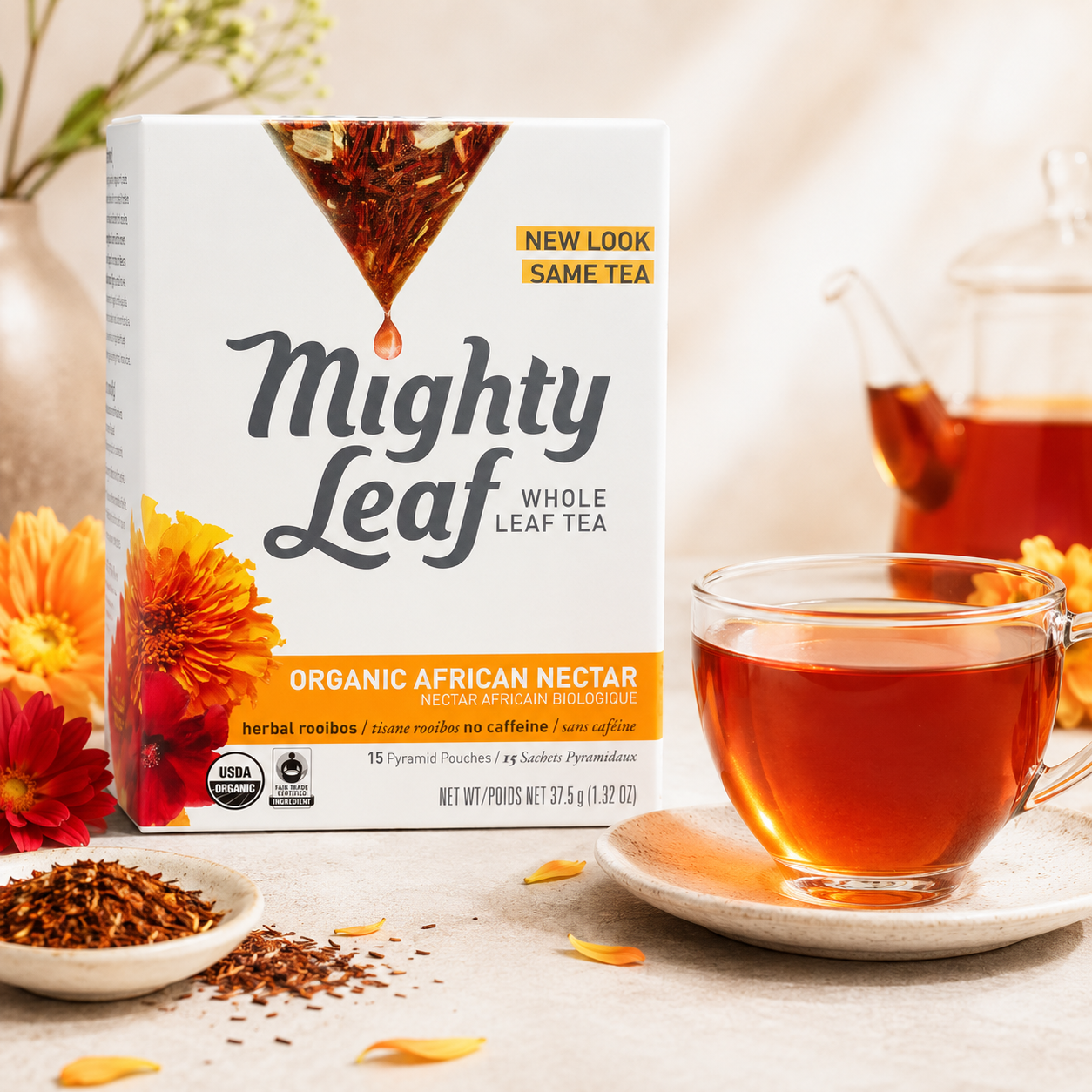 Mighty Leaf Organic African Nectar Tea Rooibos Herbal Blend Fruity Notes 1.32 oz 15 Pyramid Pouches