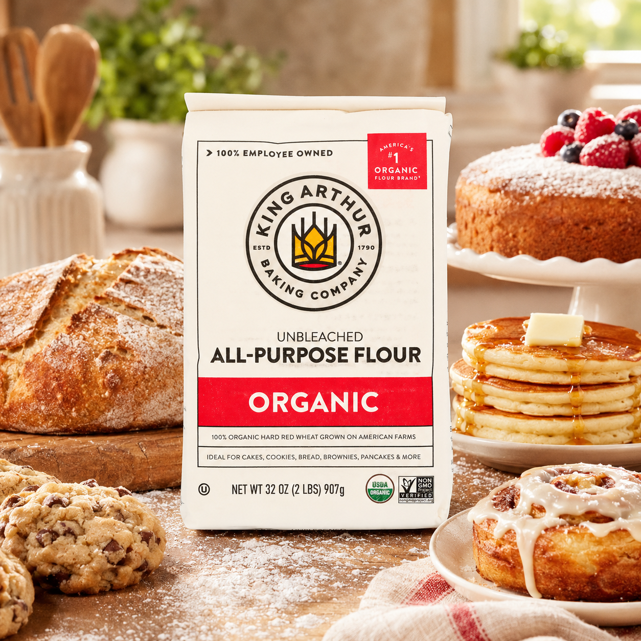 King Arthur Organic All Purpose Flour Unbleached Non-GMO Premium Baking Flour 2 lbs / 32 oz