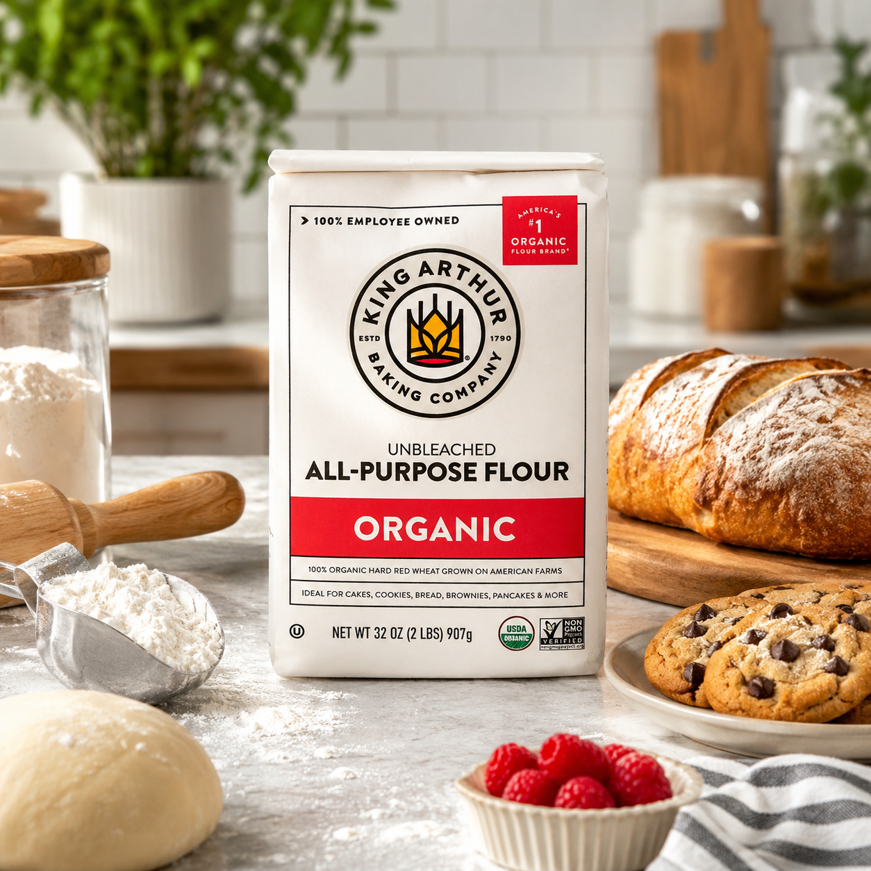 King Arthur Organic All Purpose Flour Unbleached Non-GMO Premium Baking Flour 2 lbs / 32 oz