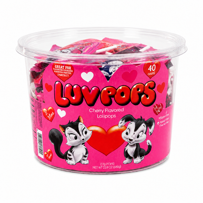 Adams & Brooks Inc. Luv Pops Heart-Shaped Lollipops Cherry Flavored Individually Wrapped Tub Valentine's Day 40 ct