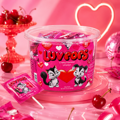 Adams & Brooks Inc. Luv Pops Heart-Shaped Lollipops Cherry Flavored Individually Wrapped Tub Valentine's Day 40 ct