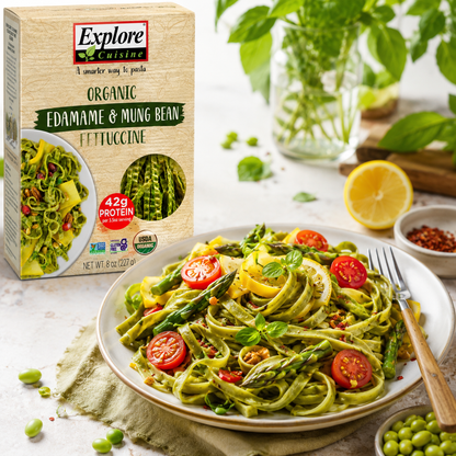 EXPLORE CUISINE Organic Edamame & Mung Bean Fettuccine Gluten Free Vegan Kosher Non-GMO High in Plant-Based Protein 8 Total Servings 8 oz