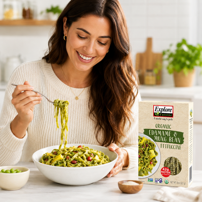 EXPLORE CUISINE Organic Edamame & Mung Bean Fettuccine Gluten Free Vegan Kosher Non-GMO High in Plant-Based Protein 8 Total Servings 8 oz