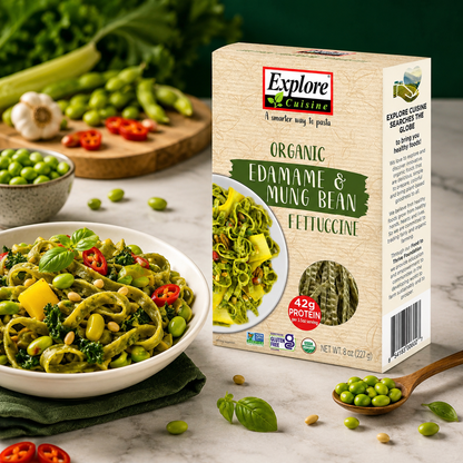 EXPLORE CUISINE Organic Edamame & Mung Bean Fettuccine Gluten Free Vegan Kosher Non-GMO High in Plant-Based Protein 8 Total Servings 8 oz