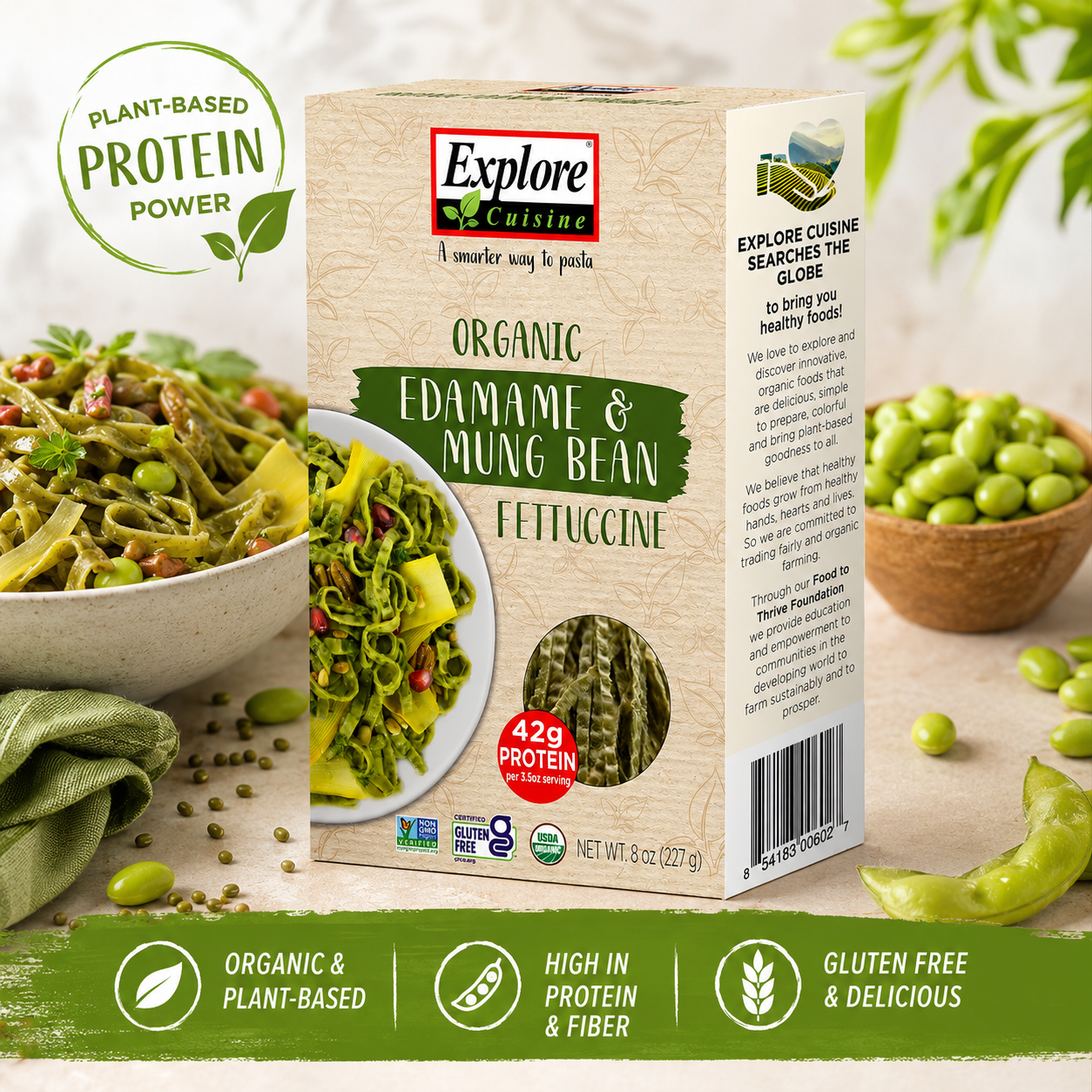 EXPLORE CUISINE Organic Edamame & Mung Bean Fettuccine Gluten Free Vegan Kosher Non-GMO High in Plant-Based Protein 8 Total Servings 8 oz