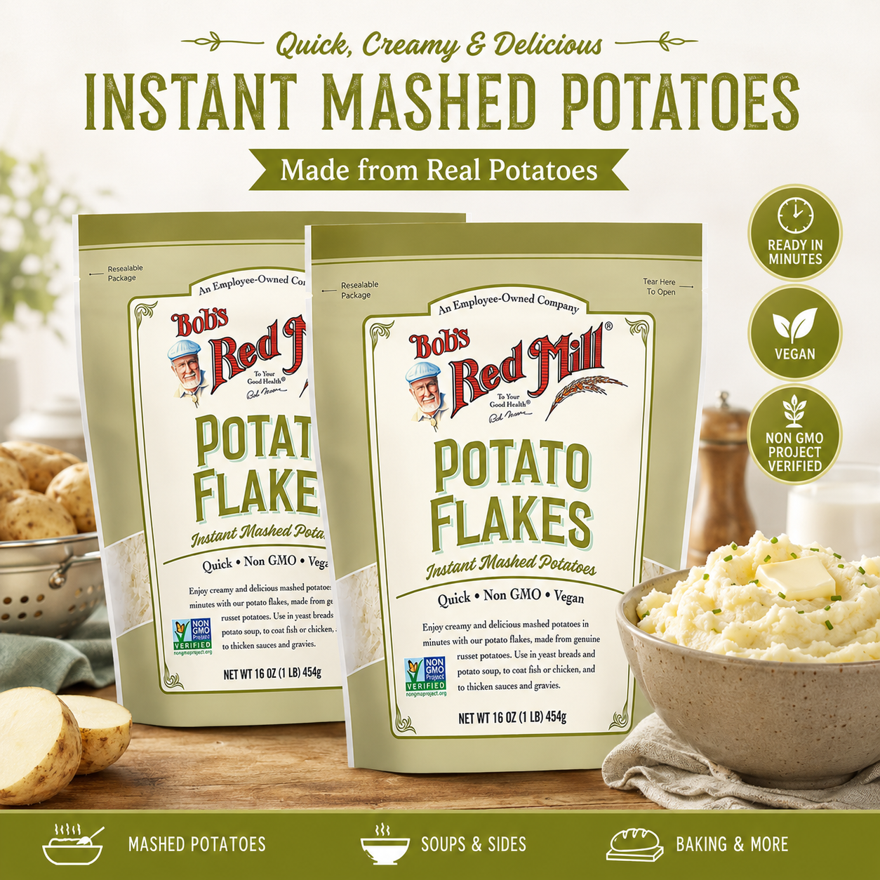 Bob's Red Mill Instant Mashed Potatoes Creamy Potato Flakes 16 Ounce (Pack of 2)