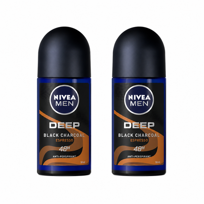 NIVEA MEN DEEP Black Carbon Espresso Anti-Perspirant Roll-On, 50 mL  72-Hour Odor & Sweat Protection, No Visible Black Residue, Long-Lasting Espresso Scent, (Pack of 2)