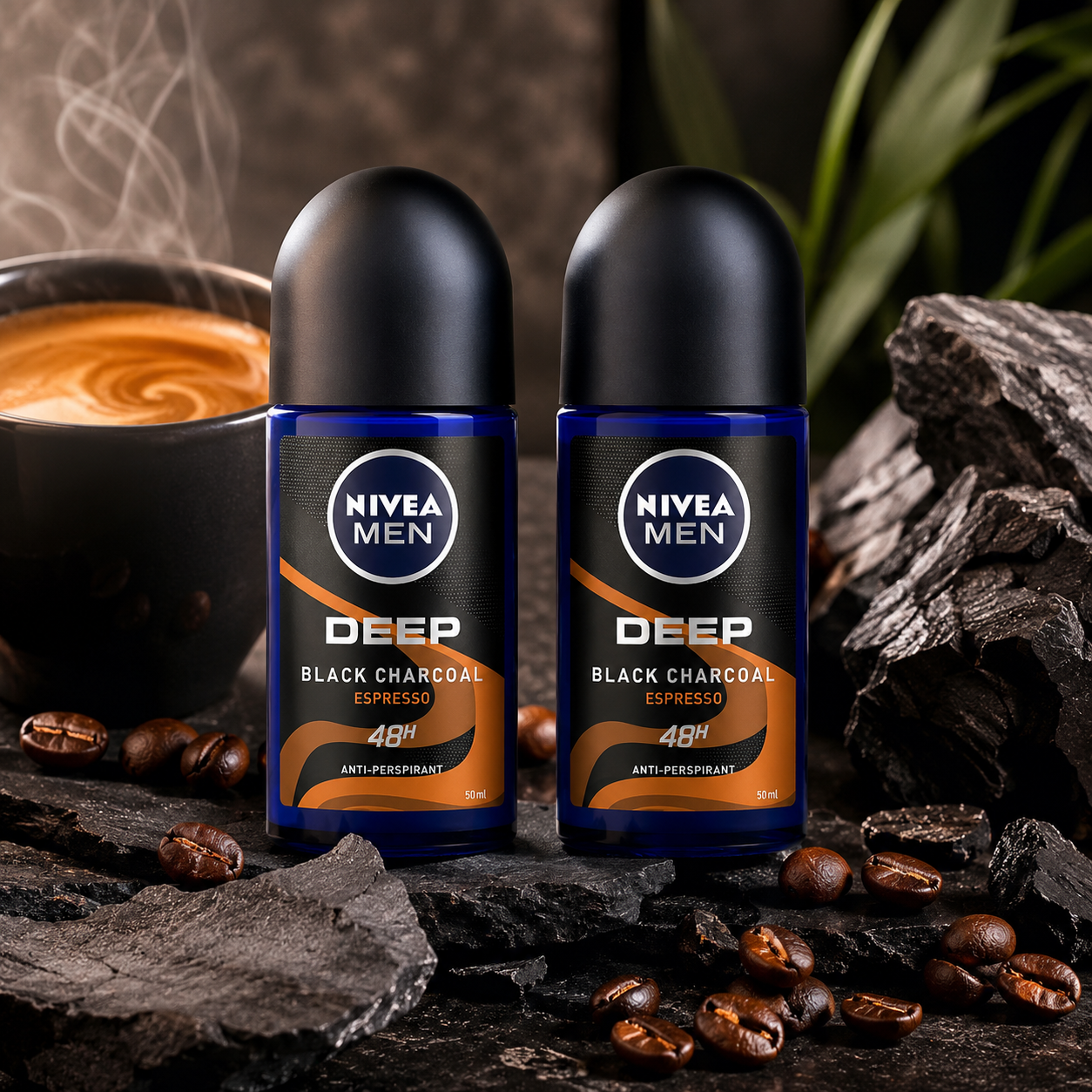 NIVEA MEN DEEP Black Carbon Espresso Anti-Perspirant Roll-On, 50 mL  72-Hour Odor & Sweat Protection, No Visible Black Residue, Long-Lasting Espresso Scent, (Pack of 2)