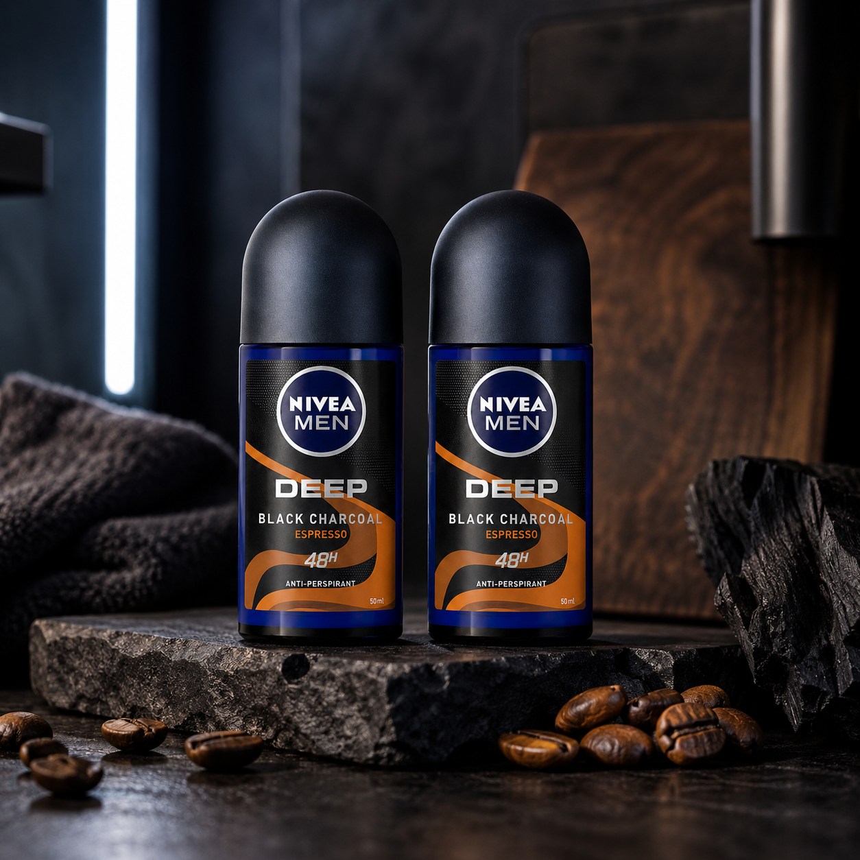 NIVEA MEN DEEP Black Carbon Espresso Anti-Perspirant Roll-On, 50 mL  72-Hour Odor & Sweat Protection, No Visible Black Residue, Long-Lasting Espresso Scent, (Pack of 2)