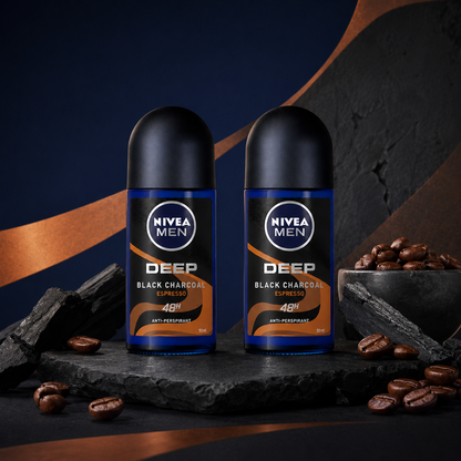 NIVEA MEN DEEP Black Carbon Espresso Anti-Perspirant Roll-On, 50 mL  72-Hour Odor & Sweat Protection, No Visible Black Residue, Long-Lasting Espresso Scent, (Pack of 2)
