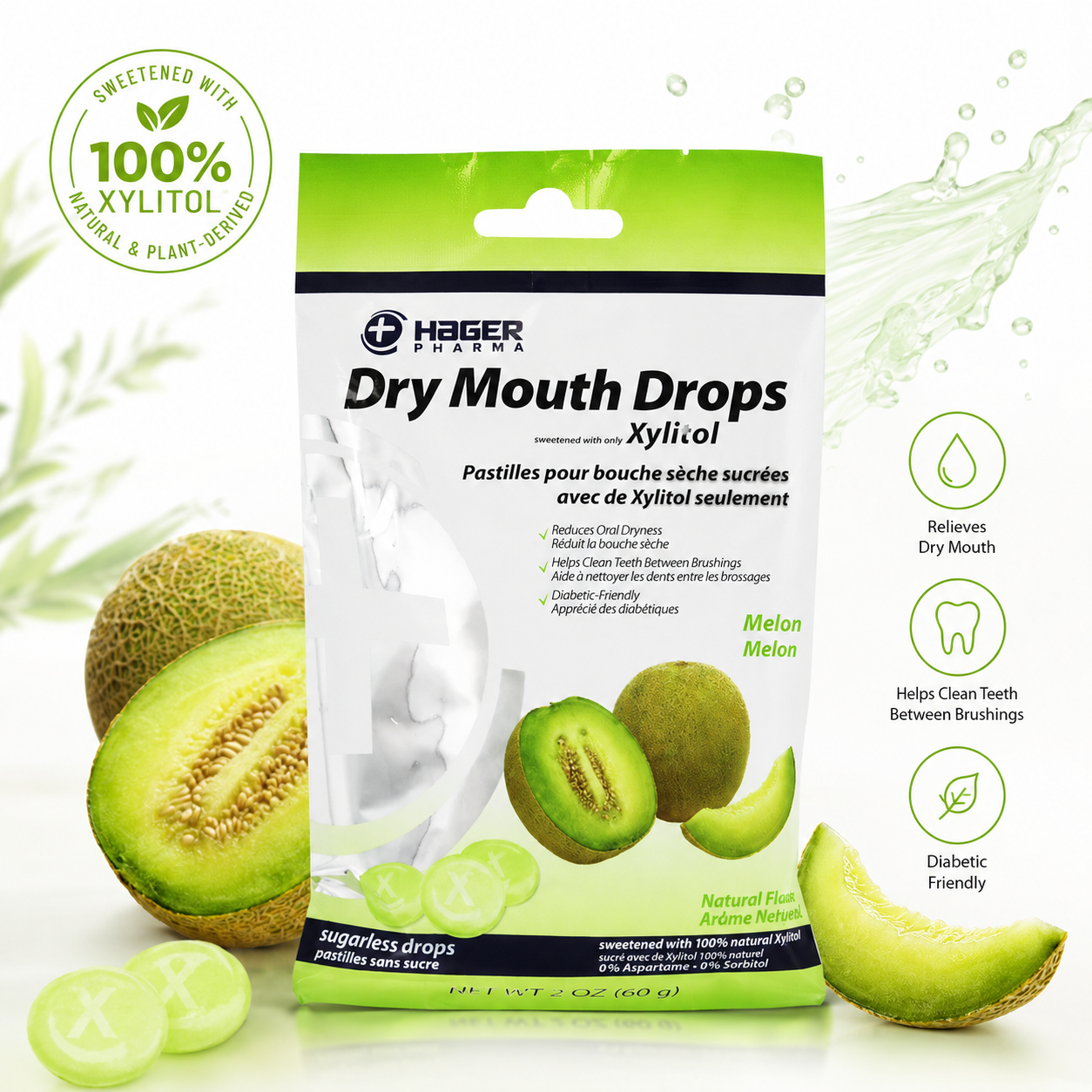 Hager Pharma Dry Mouth Drops with Xylitol Melon Flavor 26 ct