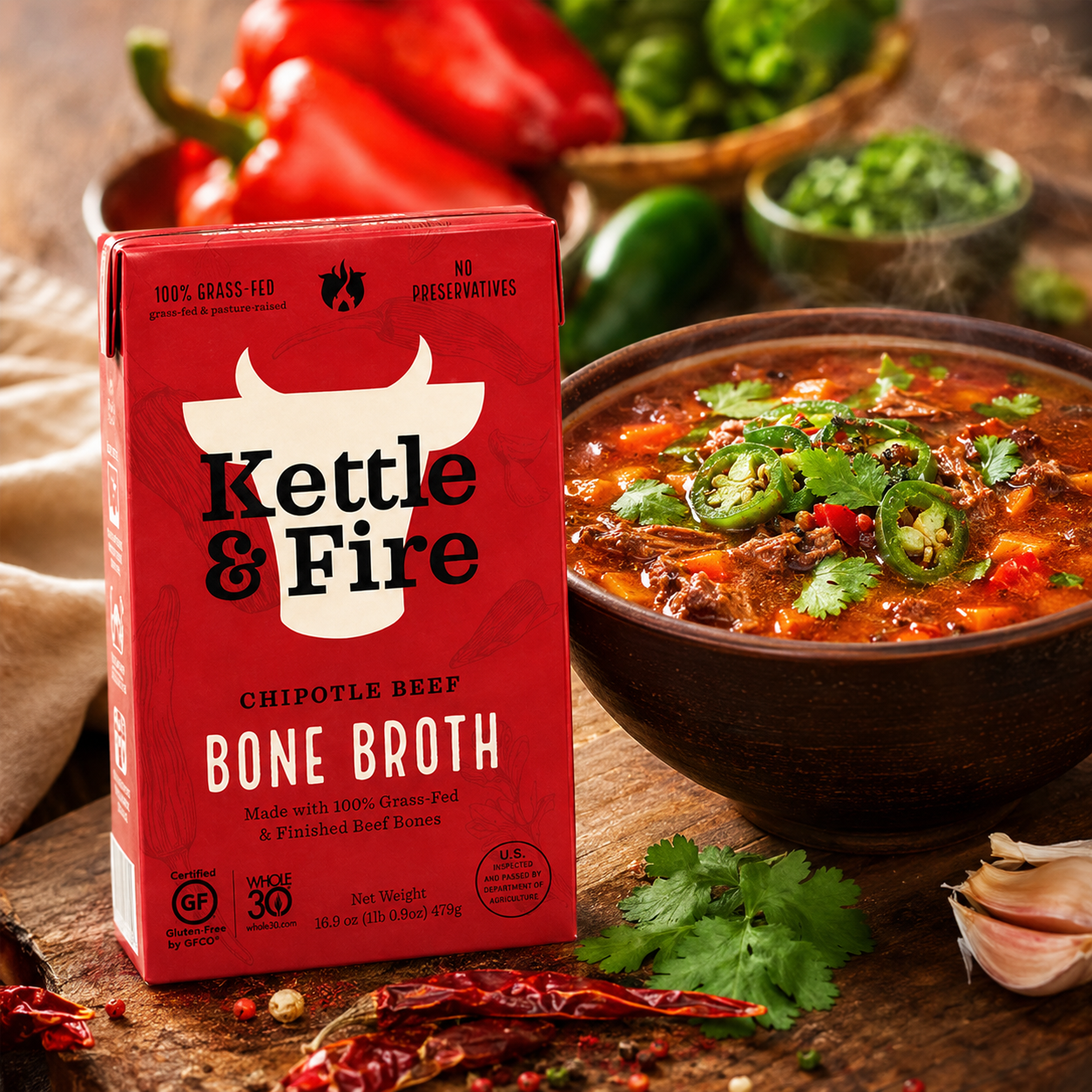 Kettle & Fire Chipotle Beef Bone Broth Keto Paleo Whole 30 Approved Gluten Free High in Protein and Collagen