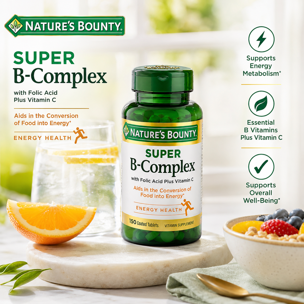 Nature's Bounty B-Complex with Folic Acid Plus Vitamin C Tablets 150 Count (Pack of 4)