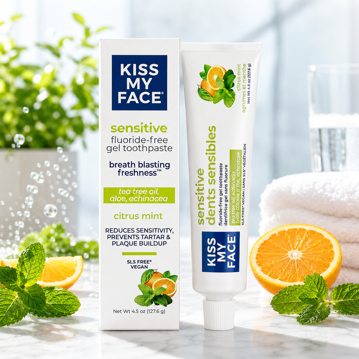 Kiss My Face Sensitive Citrus Mint Gel Toothpaste Reduces Sensitivity Removes Plaque Prevents Tartar with Tea Tree Oil Aloe Echinacea No Artificial Colors Or Flavors 4.5 oz