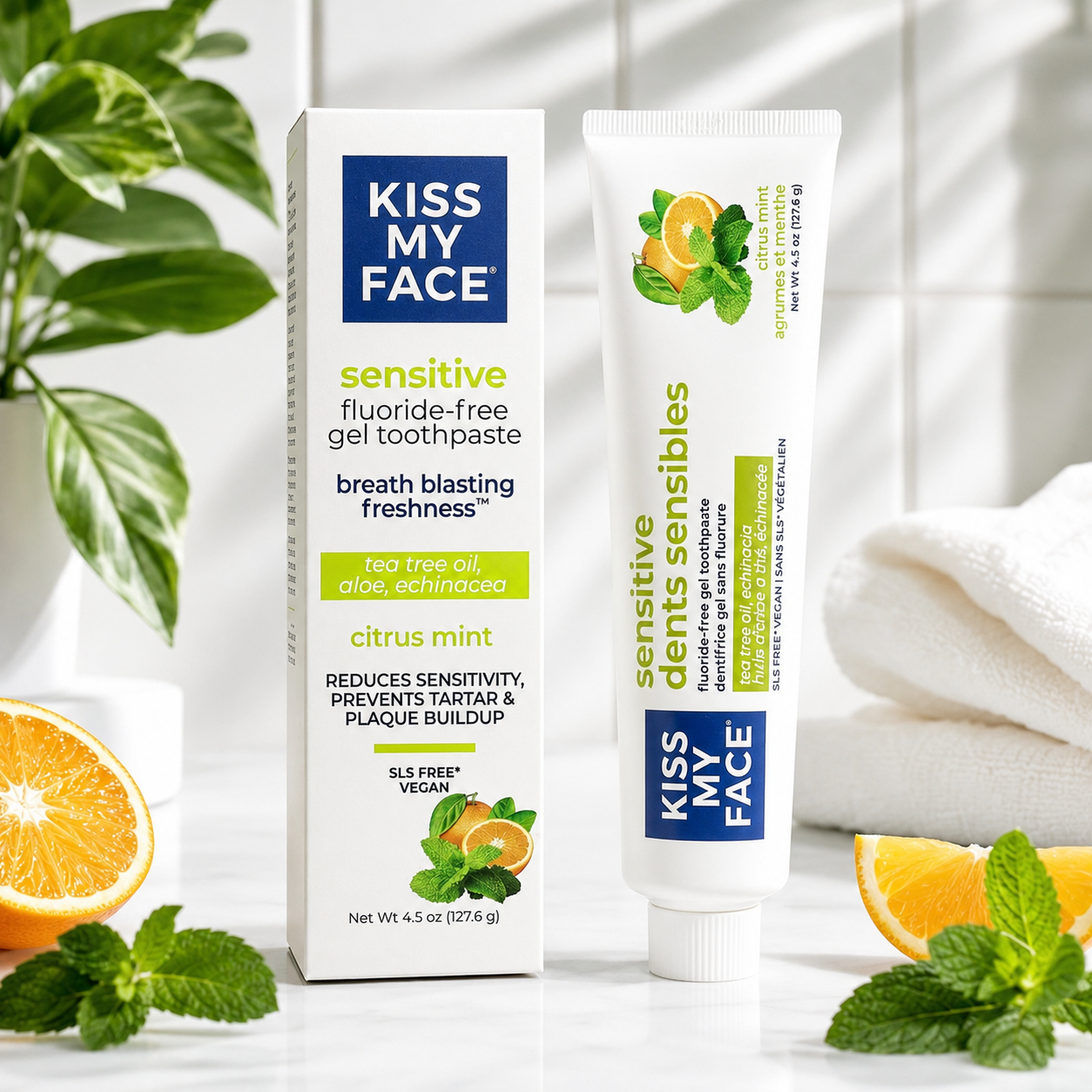 Kiss My Face Sensitive Citrus Mint Gel Toothpaste Reduces Sensitivity Removes Plaque Prevents Tartar with Tea Tree Oil Aloe Echinacea No Artificial Colors Or Flavors 4.5 oz