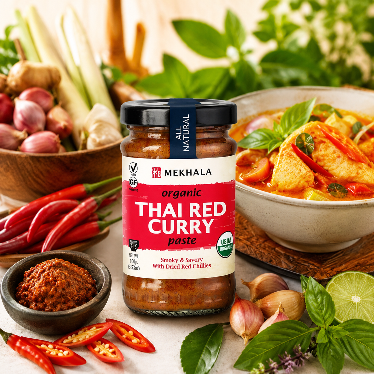 Mekhala Organic Thai Red Curry Paste Vegan Gluten-Free No Added Sugar Hot Each 3.5 oz