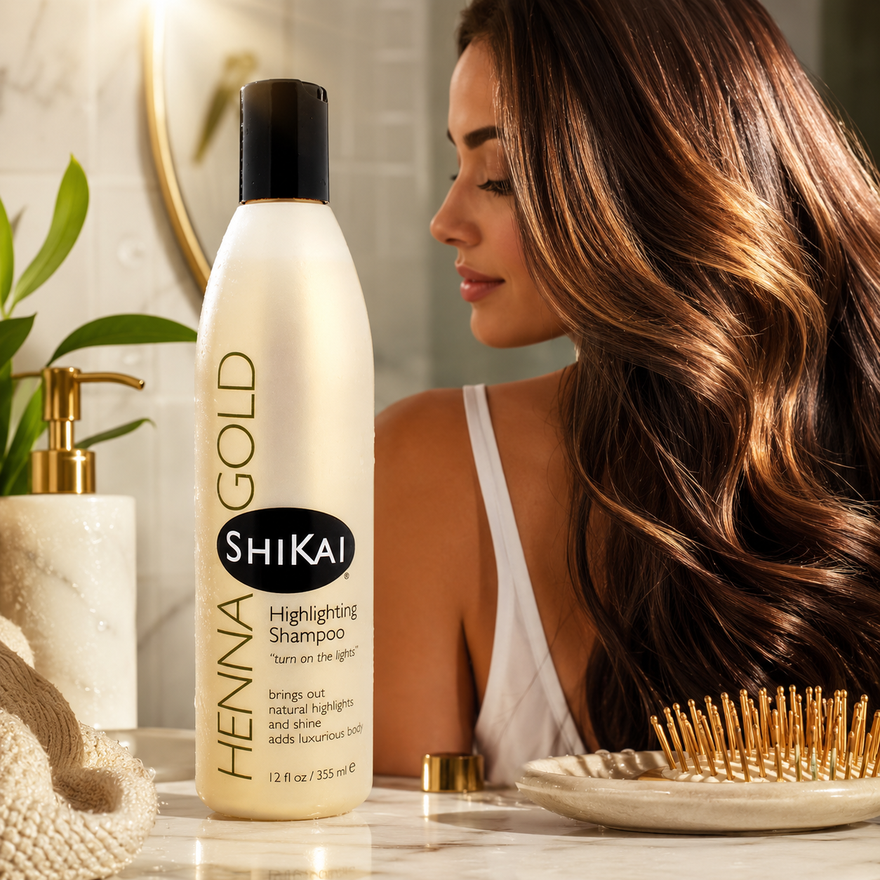 ShiKai Henna Gold Highlighting Shampoo Natural Fragrance Plant-Based Formula with Non-Coloring Henna Brings Out Natural Highlights & Shine Adds Luxurious Body 12.6 oz Shikai