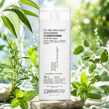 GIOVANNI Tea Tree Triple Treat Invigorating Conditioner Cooling Peppermint Eucalyptus Rosemary Paraben Free For Dry Flaking Scalp Moisturizes Smooths & Detangles 8.5 oz