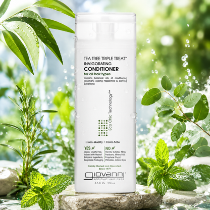 GIOVANNI Tea Tree Triple Treat Invigorating Conditioner Cooling Peppermint Eucalyptus Rosemary Paraben Free For Dry Flaking Scalp Moisturizes Smooths & Detangles 8.5 oz