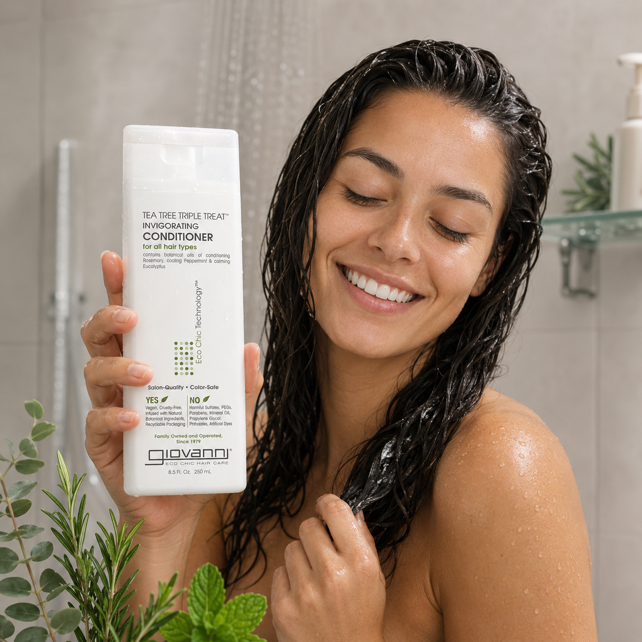 GIOVANNI Tea Tree Triple Treat Invigorating Conditioner Cooling Peppermint Eucalyptus Rosemary Paraben Free For Dry Flaking Scalp Moisturizes Smooths & Detangles 8.5 oz